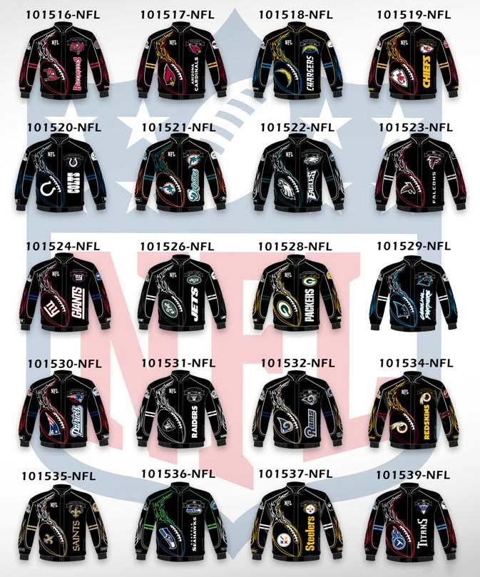 On Fire Jackets for Broncos, Cardinals, Chargers, Chiefs, Colts, Dolphins, Eagles, Falcons, Giants, Jets, Packers, Patriots, Raiders, Rams, Redskins, Saints, Seahawks, Steelers and Titans