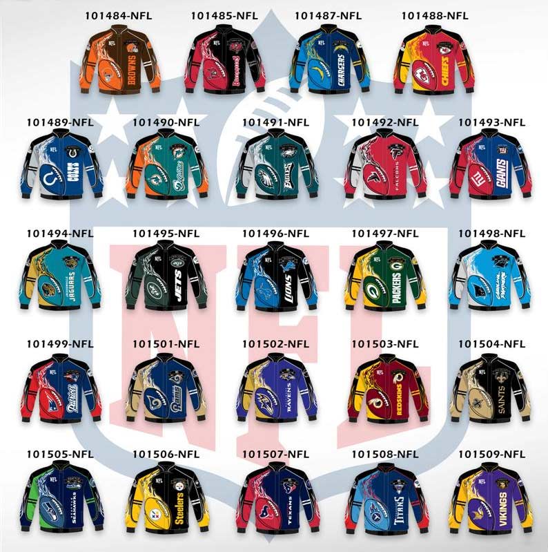 Redzone Jackets for Browns, Buccaneers, Chargers, Chiefs, Colts, Dolphins, Eagles, Falcons, Giants, Jaguars, Jets, Lions, Packers, Patriots, Rams, Ravens, Redskins, Saints, Seahawks, Steelers, Texans, Titans and Vikings