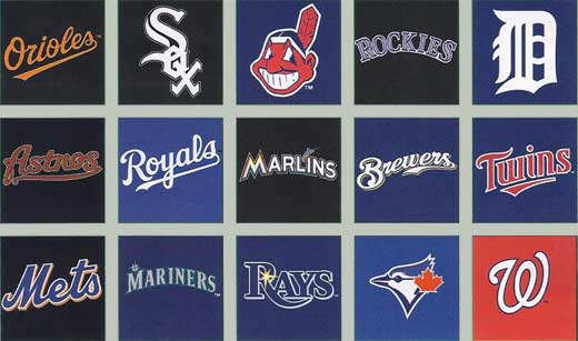 Orioles, White Sox, Redskins, Rockies, Detroit Tigers, Astros,Royals, Marlins, Brewers, Twins, Mets, Mariners, Rays, Blue Jays, Washington Nationals